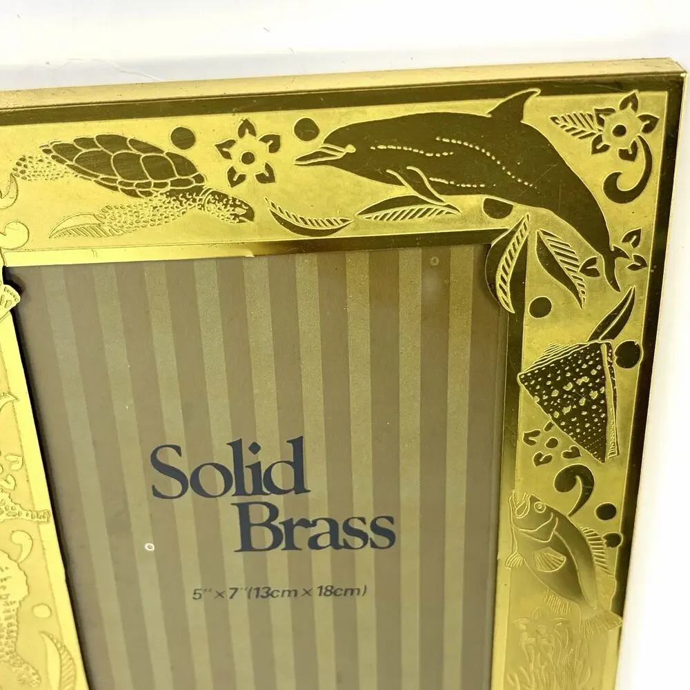 Vintage Solid Brass Photo Frame 5” X 7” Sea Creatures Nautical Beach Etching